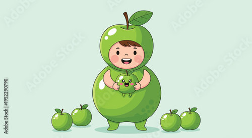 Young boy dressed in green apple costume holding cute smiling apple character for healthy food promotion and fun costume party celebration.
