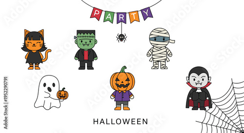 Collection of iconic Halloween characters including ghost vampire and pumpkin for festive holiday party celebration banner and greeting card.