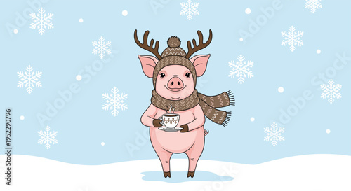 Cute pink pig wearing reindeer antler hat and warm scarf holding mug of hot beverage in snowy winter landscape for festive holiday season.