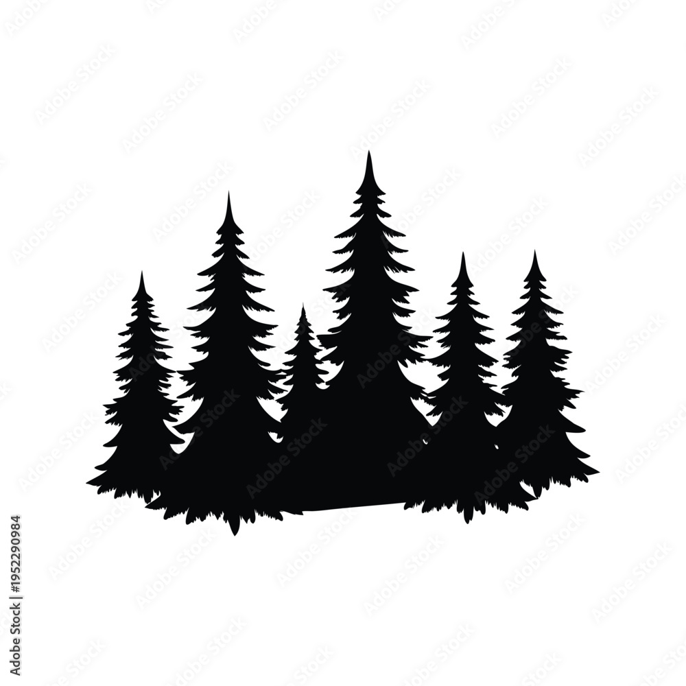 Obraz premium Silhouette of tall pine trees in a forest with detailed vector illustration, pine forest silhouette vector illustration