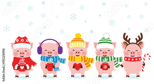 Cute little pigs dressed in colorful winter hats and scarves holding mugs of hot cocoa on a bright snowy background.