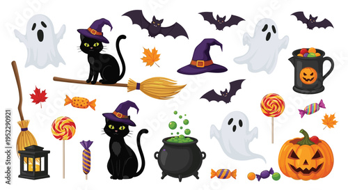Comprehensive set of Halloween themed illustrations featuring ghosts, black cats, witches hats, and spooky candy.