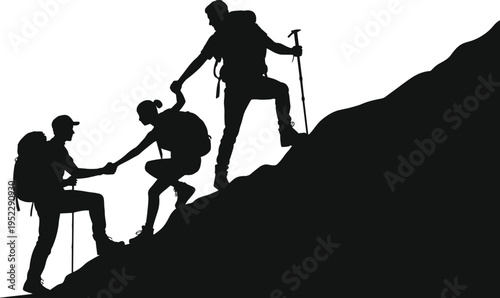 Silhouette of hikers helping each other climb a mountain, showcasing teamwork, support, adventure, and success concept isolated on light background