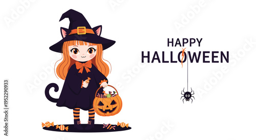 Cute little witch girl in a black cat costume holding a festive jack-o-lantern bucket filled with Halloween treats.