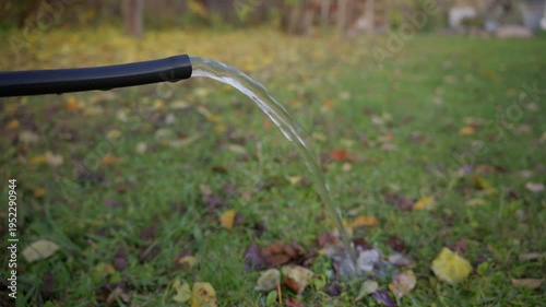 Wallpaper Mural Water pours from a garden hose held about half a meter above the ground onto grass. Outdoor gardening scene with soft background, showing controlled watering and everyday backyard maintenance. 4k Torontodigital.ca