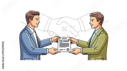 Business Agreement Illustration – Two Professionals Exchanging Contract with Handshake, Deal and Partnership Concept