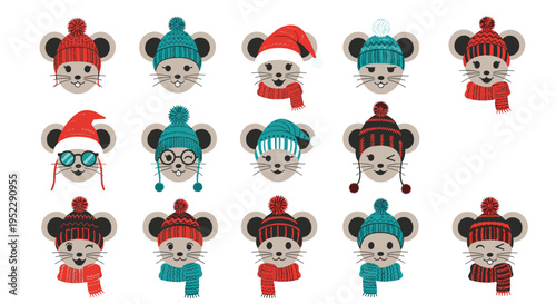 Collection of cute mouse characters wearing various colorful winter hats and scarves with different expressions.