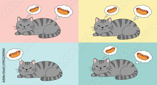 Comic style illustration of a grey striped cat sleeping and dreaming about delicious hot dog snacks in thought bubbles.