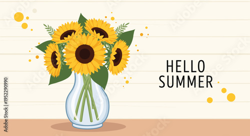 Beautiful bouquet of yellow sunflowers in a transparent glass vase with Hello Summer greeting on a background.
