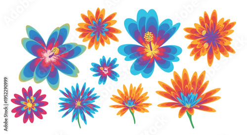 Brightly colored stylized flowers with multiple petals