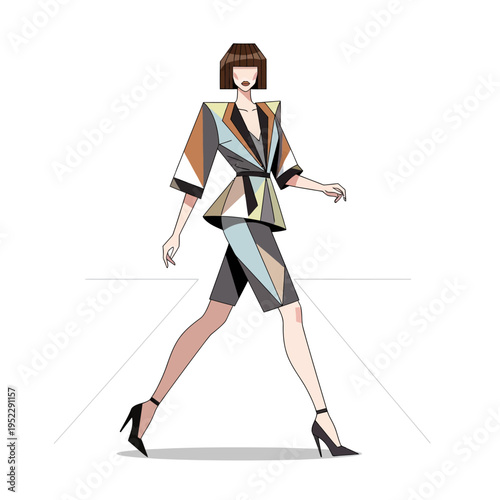 Fashion Model Walking in Geometric Print Blazer and Shorts Set