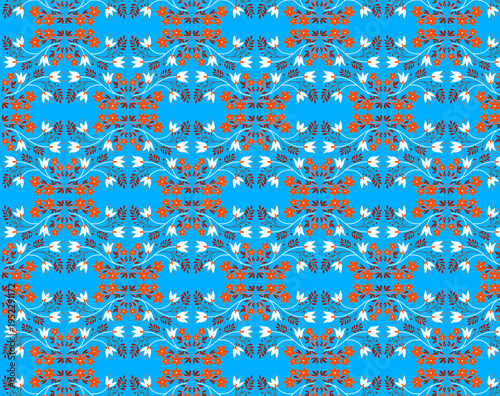 Floral symmetry Minimalistic design, small floral pattern Tiny simplified silhouettes of flowers, twigs, and leaves on a blue background Fabrics Textile design Gift wrapping Country style