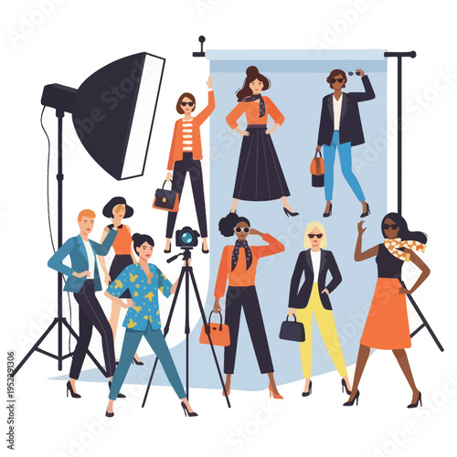 Fashion photoshoot with models, photographer, and lighting equipment in studio