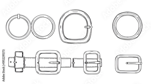 D ring and Belt buckle flat sketch vector illustration set, different types belt with Frame buckle, berg buckle and ring buckles accessories for belt, jewellery, dress fasteners and Clothing belt
