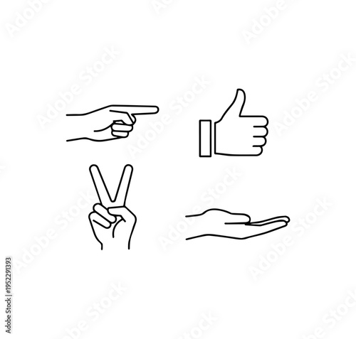 Hand Gesture Icon Set, Vector Outline Symbols of Thumbs Up, Pointing Finger, Peace Sign, and Open Palm, Human Expression and Communication Elements for UI Design.