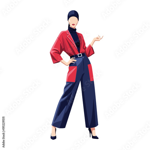Fashionable Woman in Red Jacket and Blue Pants, Stylish Outfit, Modern Design