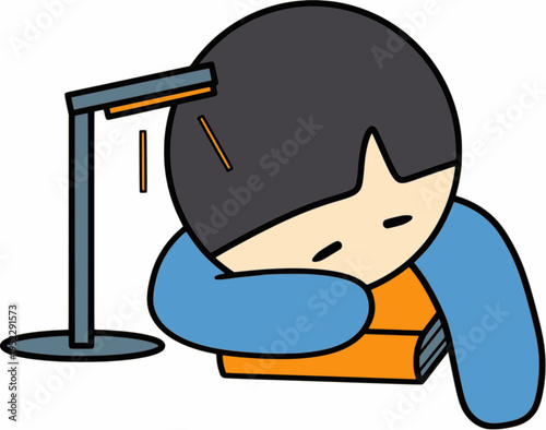 스탠드 아래 책 위에서 엎드려 있는 캐릭터 일러스트 