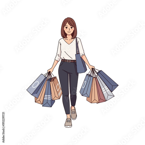 Happy Woman Walking with Shopping Bags, Consumerism, Retail Therapy, Fashion Purchases