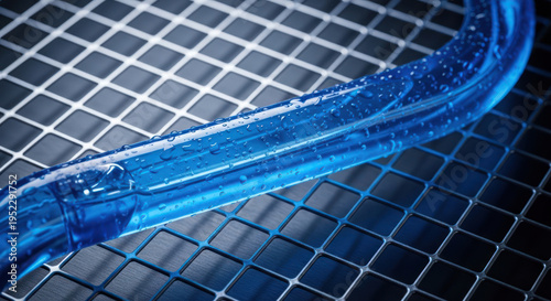 Close-up of a blue tube on a metal grid with water droplets.