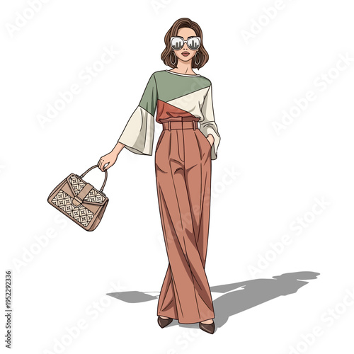 Stylish Woman in Wide-Leg Pants and Bell Sleeves, Holding a Designer Handbag