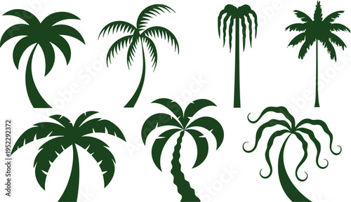 Seven distinct olive green palm tree silhouettes palms vector illustration EPS PNG file