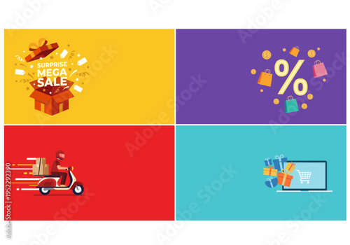 Flat Vector Mega Flash Sale and Online Shoping E- Commerce andscape Banner Set
