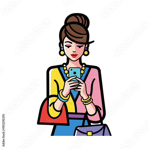 Stylish Woman with Shopping Bags Using Smartphone, Fashionable Illustration