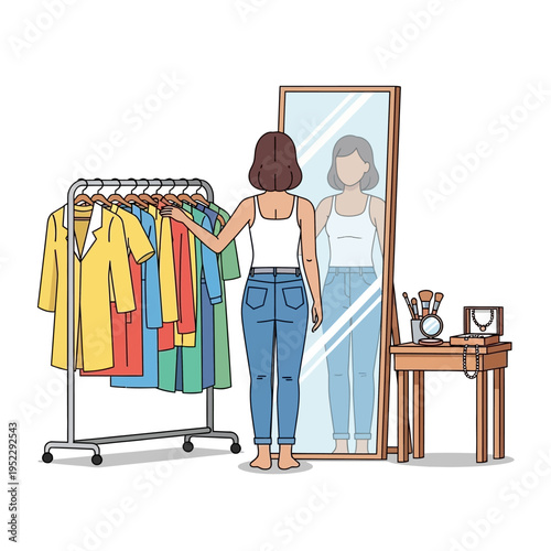 Woman Choosing Outfit From Clothes Rack In Front Of Mirror