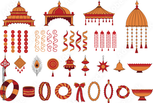 A collection of traditional indian wedding decorative elements and ornate festive ornaments set