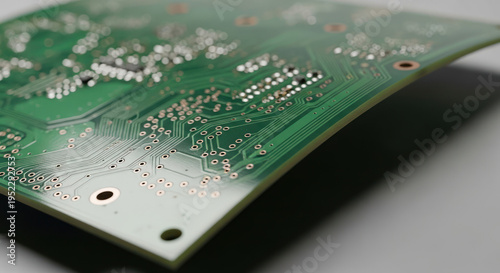 Close-up of a green circuit board with silver components on a gray surface.