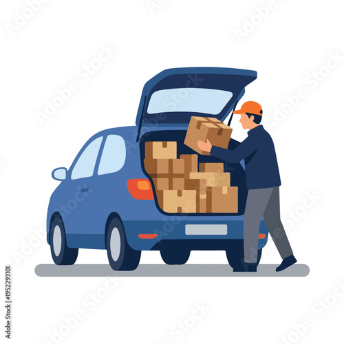 vector courier putting package into the back of car trunk