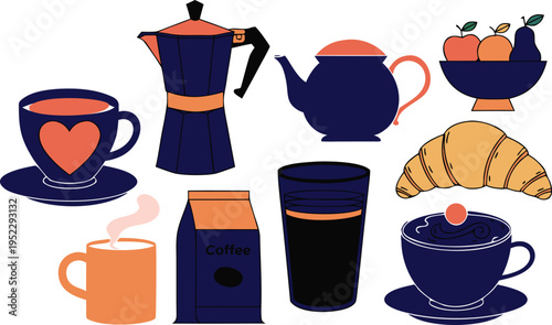 Orange and blue coffee set with heart steaming mug croissant vector illustration EPS PNG file
