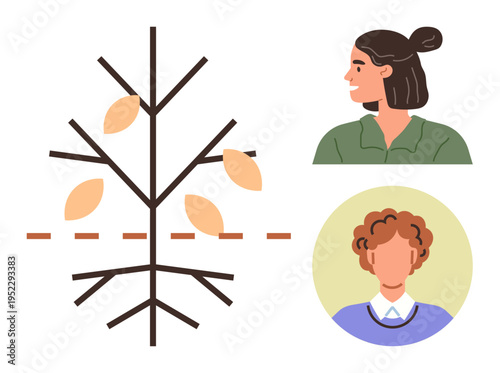 Genealogy, ancestry, family, heritage, identity, relationship. Abstract family tree diagram with connected branches and leaves, alongside two individual profile portraits. Genealogy and ancestry