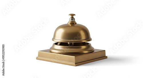 Antique Brass Hotel Service Bell on Square Base Isolated on White, Reception Desk Accessory

