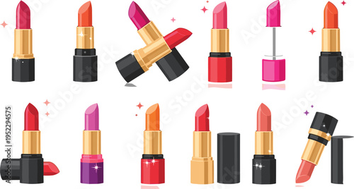 Lipstick Collection Set with Different Shades and Cosmetic Tubes Makeup Beauty Product Vector Illustration for Fashion Design, Glamour Branding, and Skincare Advertising