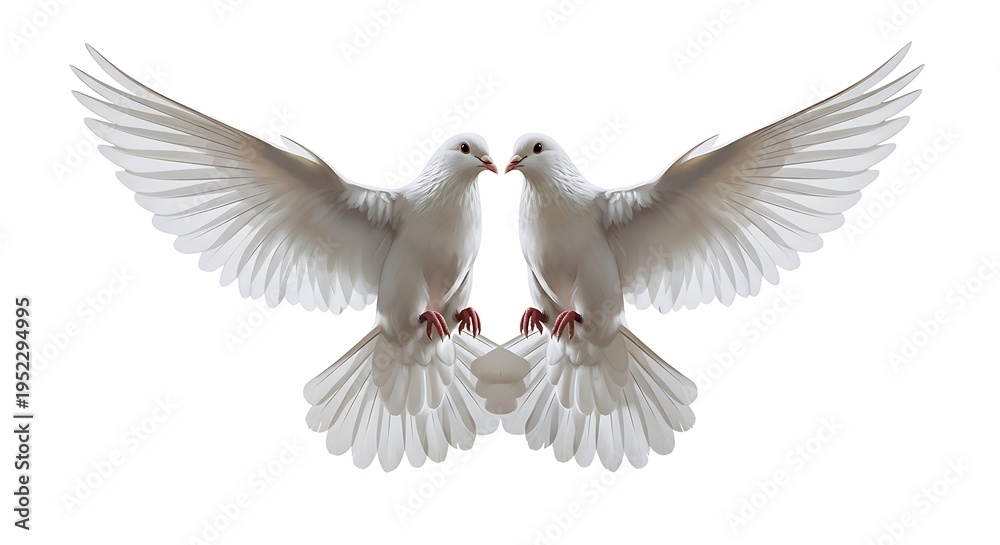 Obraz premium Two white doves in mid air with outstretched wings