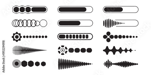 Creative loading status bars with sound waves and organic geometric patterns for digital platforms