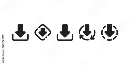 Download icon set, install sign, load button, save symbol, storage interface vector illustration