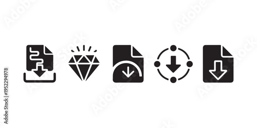 Download file icon set, install document sign, load button, save symbol, interface vector illustration