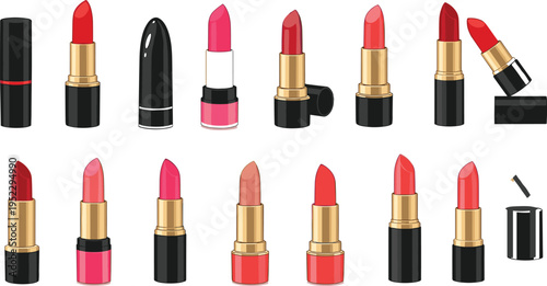 Lipstick Collection Set with Various Shades and Open Closed Cosmetic Tubes Makeup Beauty Products Vector Illustration for Fashion Design and Glamour Branding