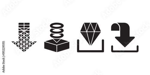 Diverse set of four download icons on white background including triangular pattern and diamond