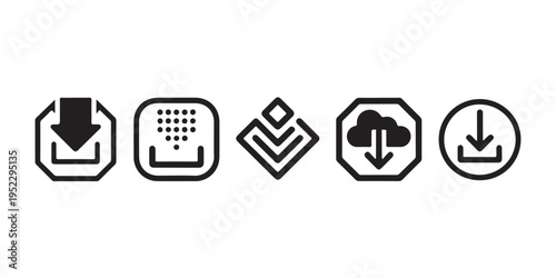 Collection of five stylized download icons on white background for user interface elements