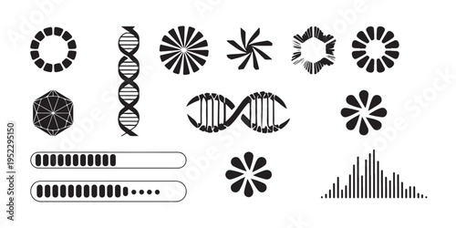 Collection of abstract loading icons and progress bars with dna symbols