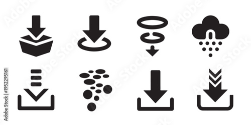 Eight distinct download icons on white background for versatile application in digital media