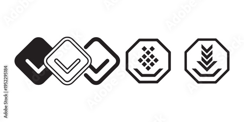 Set of checkmark and download icons in square and octagonal frames