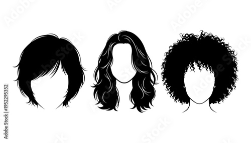 Three different hairstyles illustrated in black silhouettes on white
