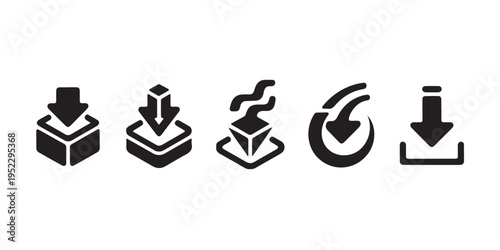 Isometric download box icons with creative arrows and curved lines representing data storage flow