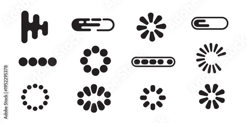 Set of black and white loading icons with various animations and progress indicators