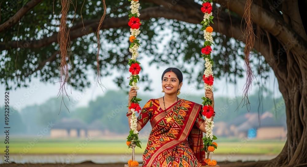 Naklejka premium Raja Parba, a young woman in a vibrant Sambalpuri saree sitting on a flower-decked swing under a large Banyan tree