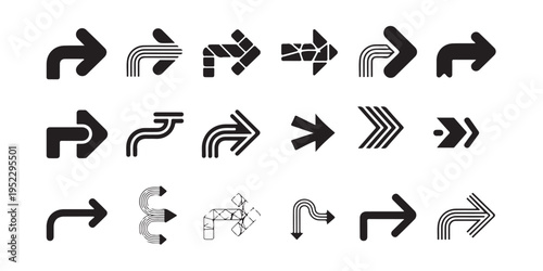 Large collection of diverse black arrow icons pointing right, with varied styles and designs